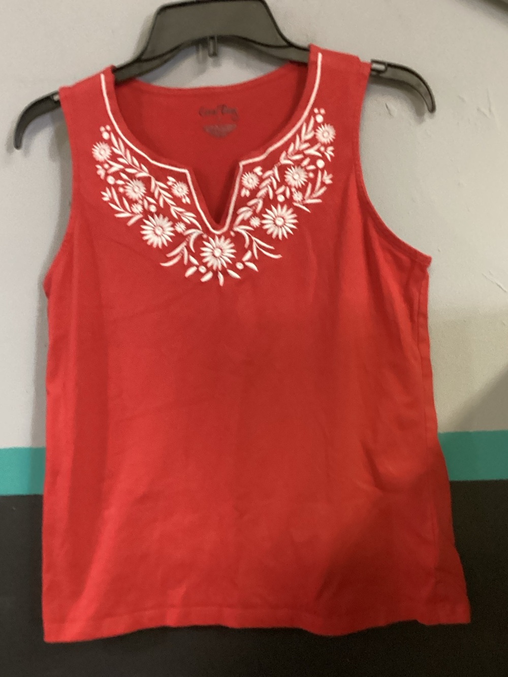 Coral Bay Red Sleeveless Tank with White Floral Embroidery